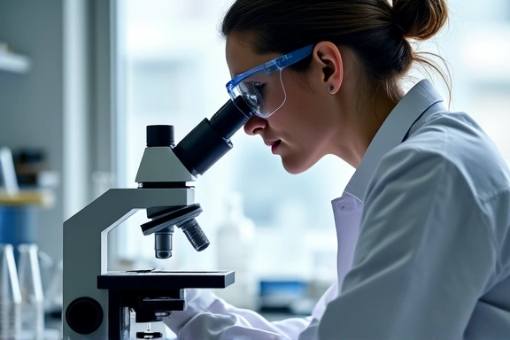 Investigador examinando muestras en un laboratorio con microscopio.