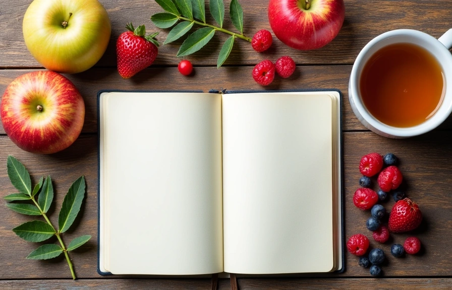 Mesa acogedora con un cuaderno, una taza de té y frutas frescas, invitando a la lectura sobre salud y nutrición.
