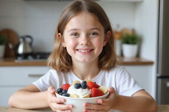 Niño feliz comiendo un tazón de frutas frescas y yogur.