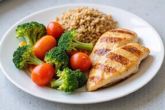 Plato colorido y saludable con verduras frescas, proteínas magras y granos enteros.
