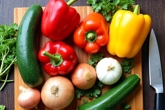 Variedad de ingredientes frescos en una tabla de cortar listos para cocinar.