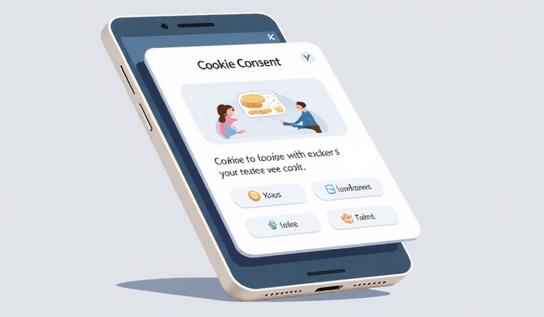 Ilustración de una ventana emergente de consentimiento de cookies en un dispositivo móvil