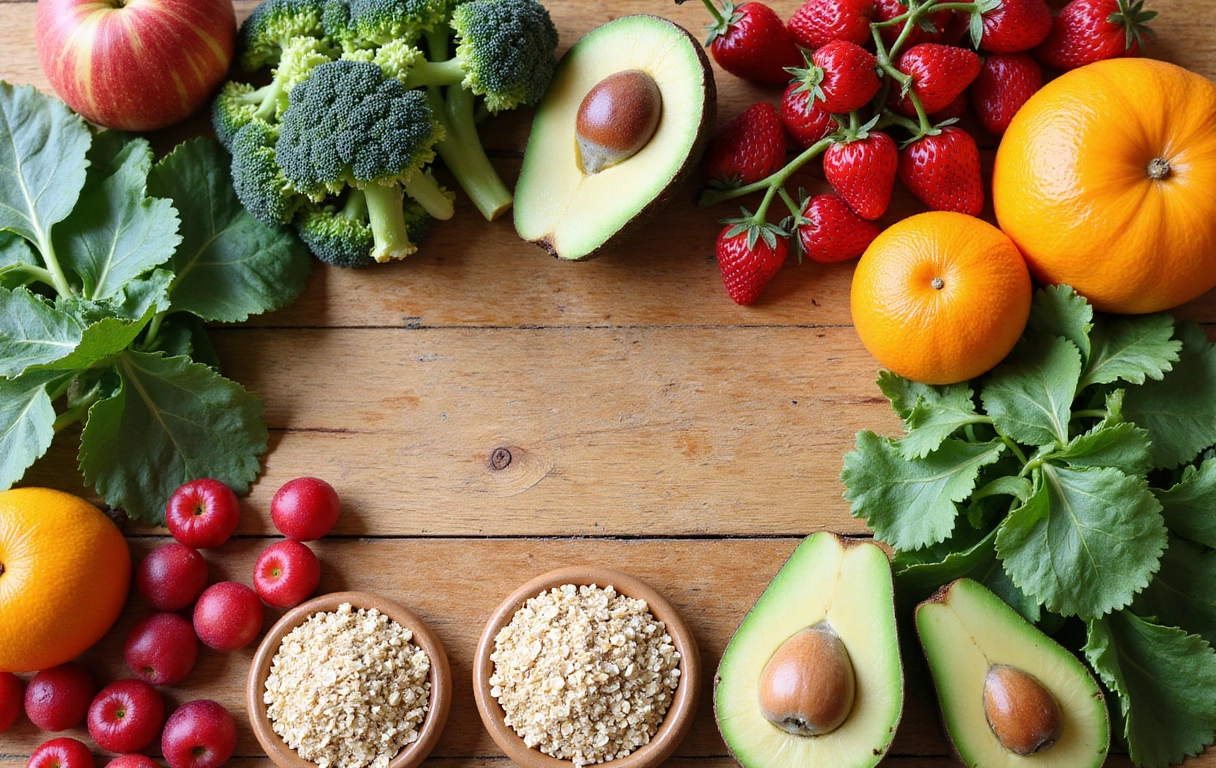 Imagen vibrante de alimentos frescos y saludables como frutas, verduras y cereales integrales dispuestos artísticamente.