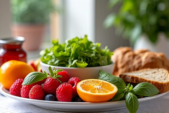 Mesa con diversos alimentos saludables, incluyendo frutas, verduras y un bol de ensalada.