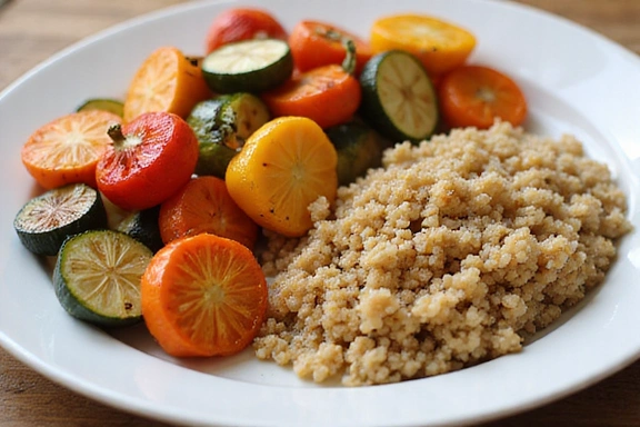 Un plato colorido con vegetales asados y quinoa, representando una comida equilibrada.