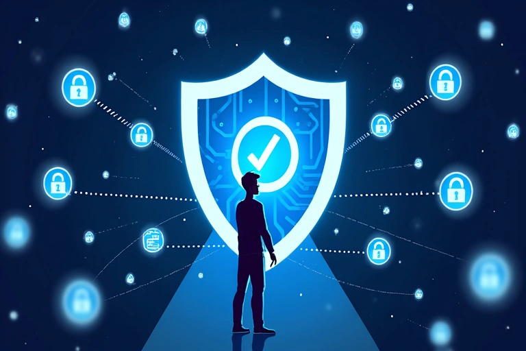 Ilustración de una persona protegiendo sus datos digitales con un escudo