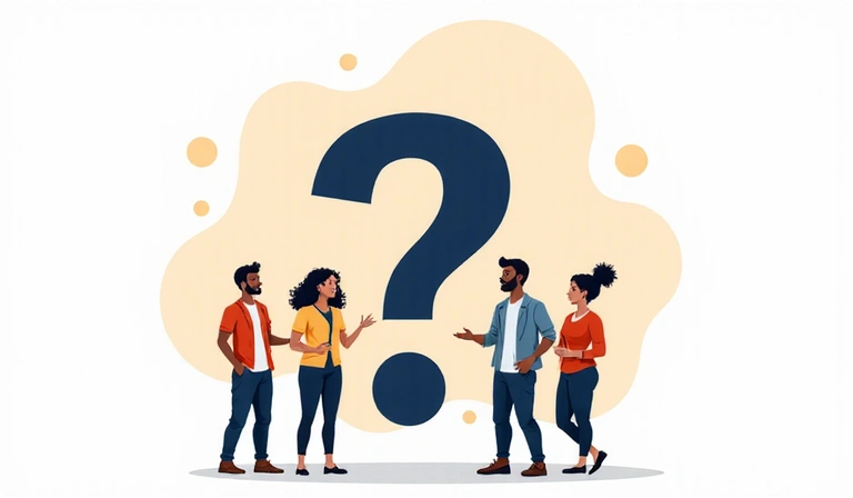 Signo de interrogación estilizado y personas conversando