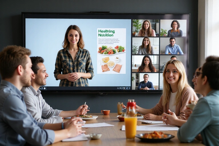 Un grupo de personas participando activamente en un webinar sobre nutrición saludable, con gráficos y una presentadora en pantalla.