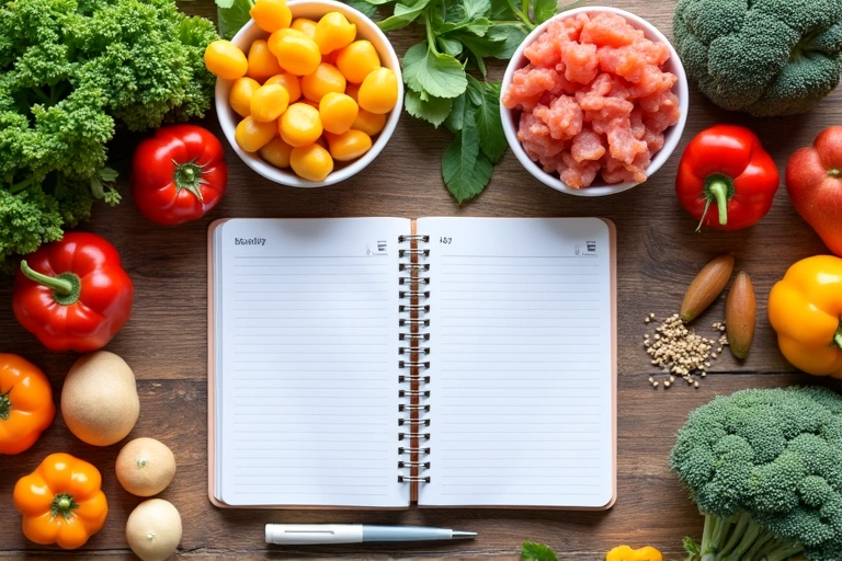 Una mesa llena de opciones de comida saludable y colorida, con un cuaderno abierto mostrando un plan de comidas.
