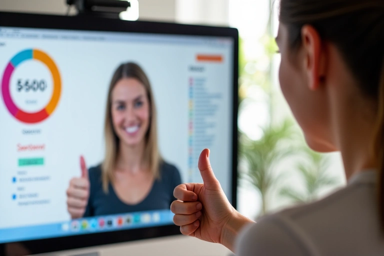 Una persona sonriendo y haciendo un gesto de pulgar arriba durante una consulta de seguimiento online, mostrando progreso y satisfacción.