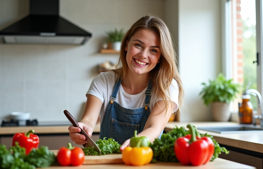 Una persona feliz preparando una comida saludable con vegetales frescos y utensilios de cocina.