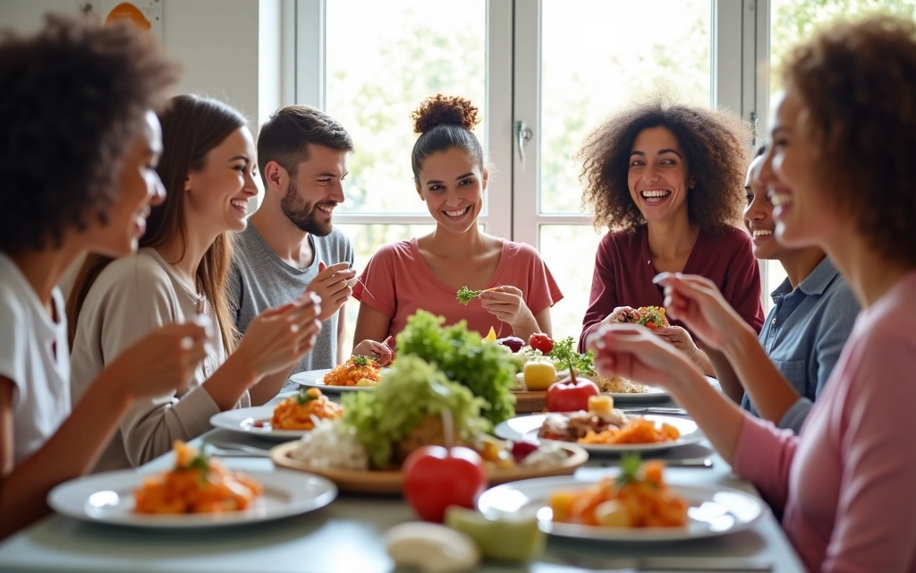 Grupo de personas sonriendo y comiendo alimentos saludables