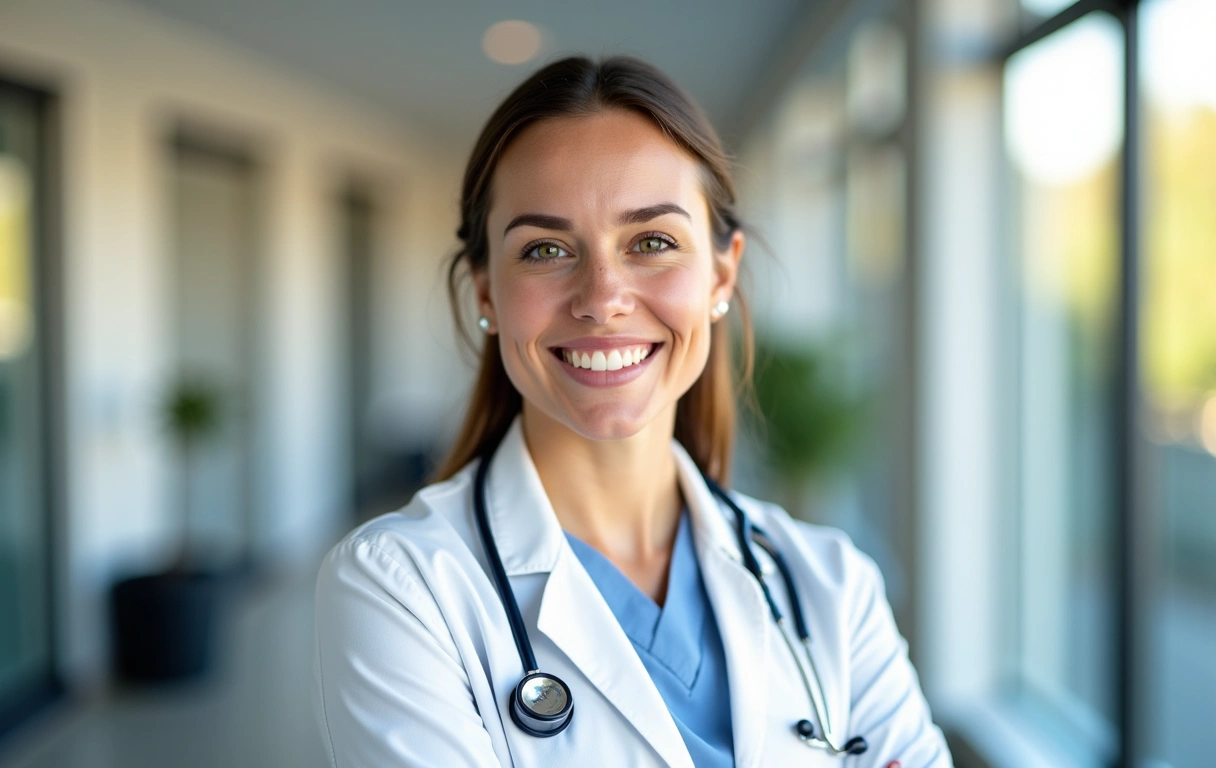 Nutricionista sonriendo en un entorno limpio y moderno