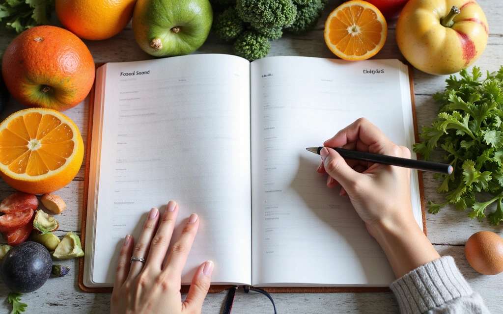 Persona escribiendo en un diario de alimentos con frutas y verduras frescas alrededor