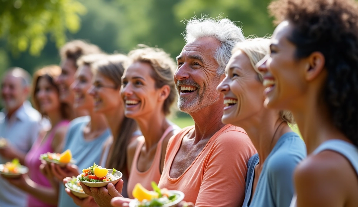 Grupo de personas diversas y felices celebrando su bienestar y salud.