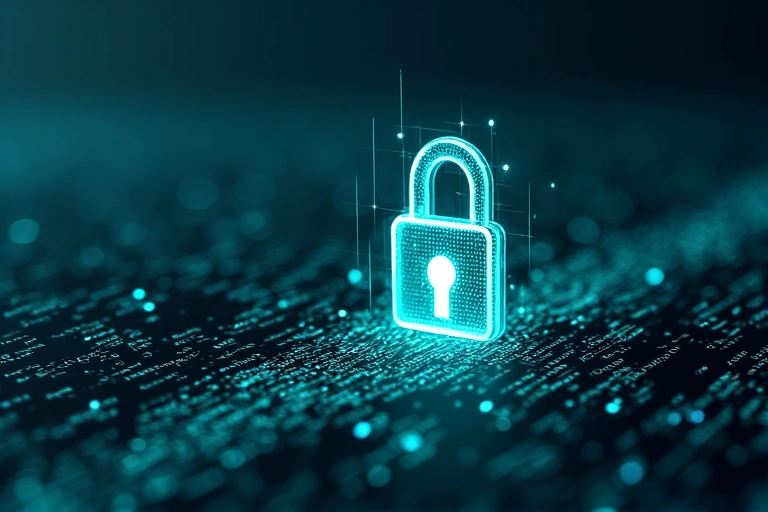 Icono de un candado digital sobre un fondo abstracto de datos, simbolizando la seguridad de la información
