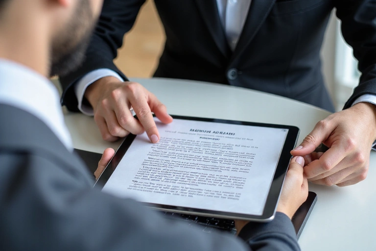 Persona leyendo un documento legal en una tableta, simbolizando el acuerdo digital